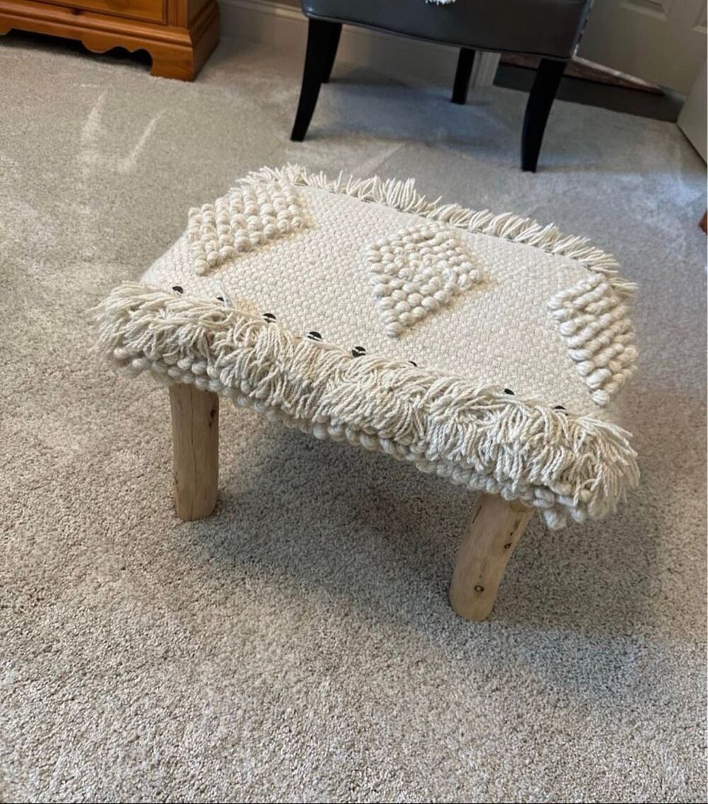 Boho Macrame Footstool with Wooden Legs